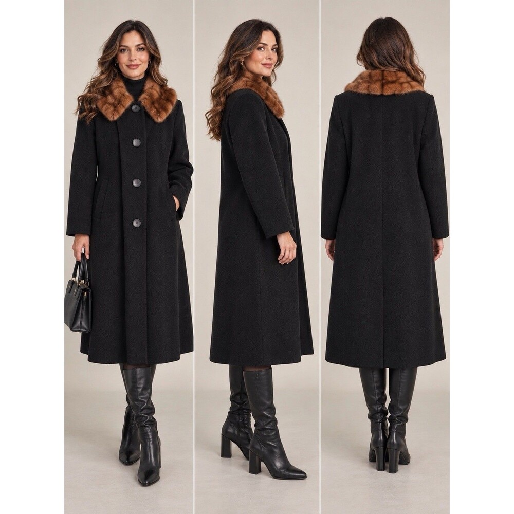 Rich’s Women’s 100% Cashmere Black Coat Brown Fur Collar MCM Vintage 1950s 60s